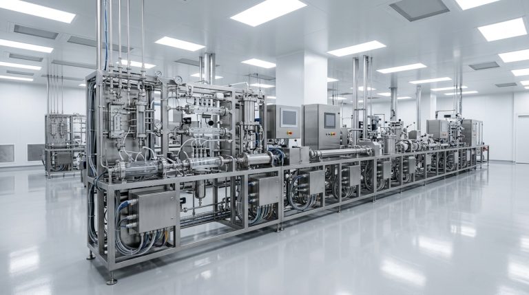 A horizontal continuous manufacturing processing line inside a sterile pharmaceutical manufacturing plant, featuring connected modular stainless steel equipment blocks, microfluidic tubing, and integrated process analytical technology panels.