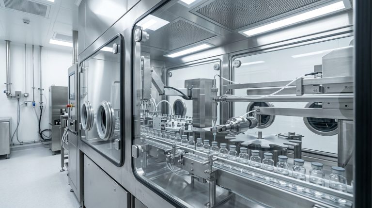 An automated closed isolator filling system inside a sterile pharmaceutical facility cleanroom, showing rows of glass vials moving along a conveyor belt beneath high-precision filling needles enclosed behind pristine glass protective panels with integrated glove ports.