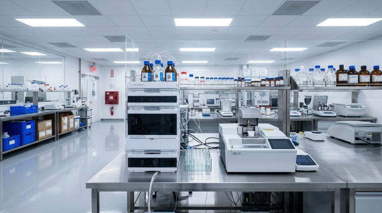 An advanced pharmaceutical formulation testing laboratory featuring a modern multi-module HPLC stack terminal and a high-precision DSC analytical instrument operating on a clean stainless steel workstation bench.