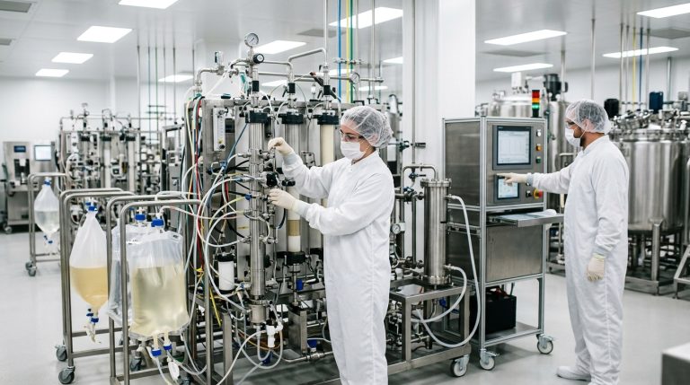 Downstream purification bottlenecks in biologics manufacturing with cleanroom operators managing filtration and chromatography equipment.