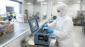 A clinical supply specialist in full white cleanroom protective clothing, mask, and blue gloves placing medicine vials into a gray insulated cold chain container with a digital temperature logger on a stainless steel table.