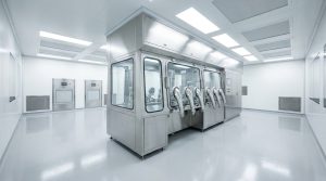 An advanced stainless steel pharmaceutical isolation glove box system standing in the center of a sterile cGMP cleanroom facility suite beneath bright white ceiling lights.