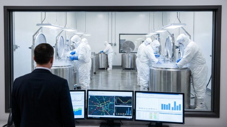 A logistics operations director monitors technicians in clean suits working with large liquid nitrogen tanks in a biopharmaceutical cryogenic shipping depot.
