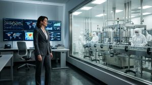 A female compliance director in a grey corporate suit reviewing international regulatory metrics and process data on wall-mounted control room monitors.