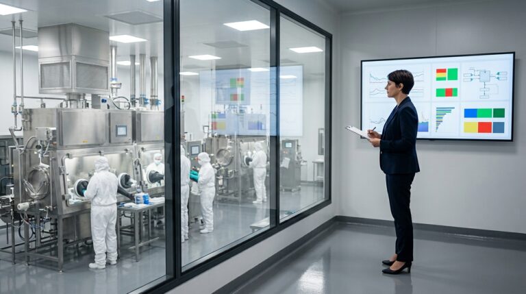 A pharmaceutical quality director holding a clipboard and analyzing negative-pressure isolator tracking charts while operators handle hazardous compounds in a cleanroom.
