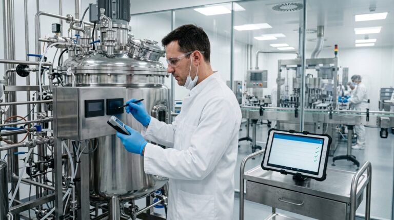 A validation engineer in a white lab coat and blue gloves inspects digital gauges on a stainless steel bioprocess vessel in a pharmaceutical cleanroom.