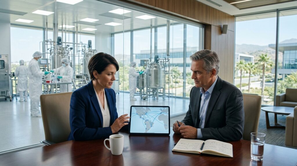 Two pharmaceutical executives sitting at a conference table examine nearshore supply chain routes on a tablet screen in front of a glass-walled cleanroom facility.