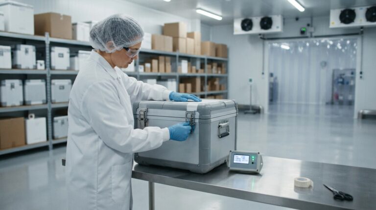 A cold-chain logistics specialist in a white lab coat and blue nitrile gloves seals a metallic insulated shipping chest next to a digital data logger.