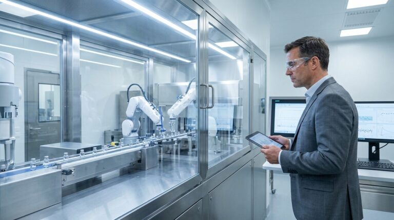 A pharmaceutical quality manager holding a digital tablet and reviewing sterile filler logs next to an automated aseptic vial processing isolator.