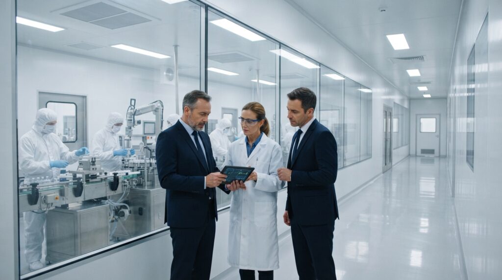 Two male executives in suits and a female quality engineer in a lab coat review facility metrics on a tablet outside a cleanroom fill-finish suite.