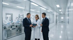 Two male executives in suits and a female quality engineer in a lab coat review facility metrics on a tablet outside a cleanroom fill-finish suite.